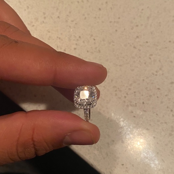 Halo Princess Cut Engagement Ring Stamped 925 Silver Partial Pave Band Two Sizes - Picture 9 of 15